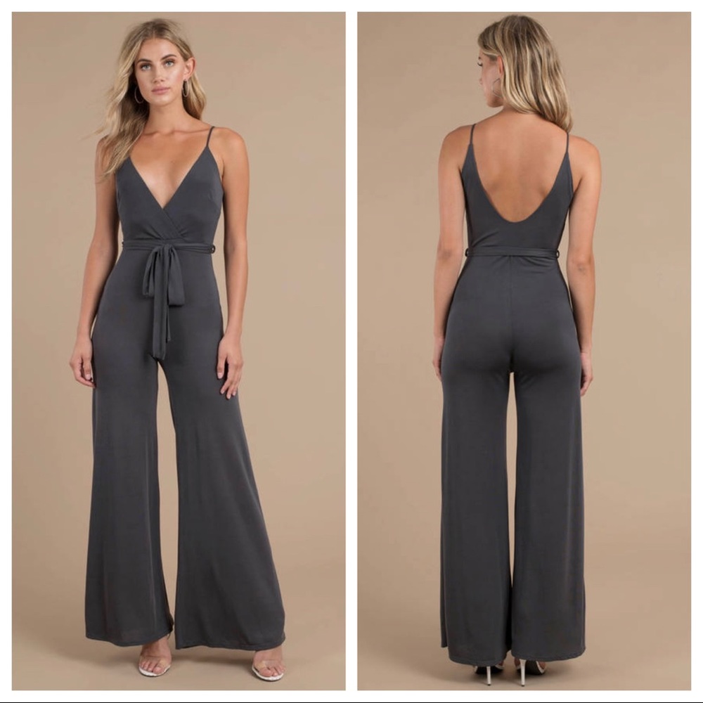 Grey Wide Leg Jumpsuit with Tie Waist